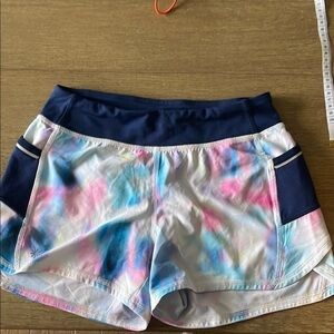 Athleta Blue and Pink Athletic Shorts with Tie-Dye Design and matching tank top